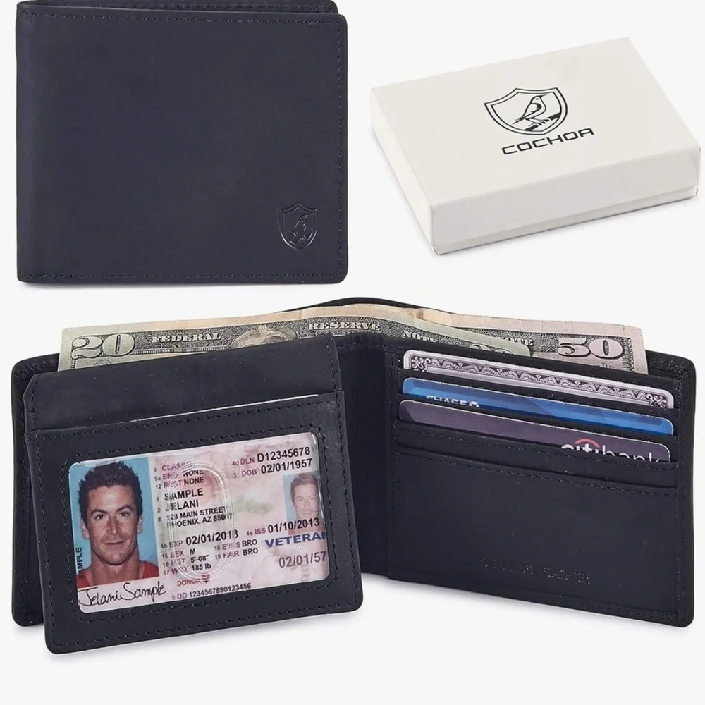 New Cochoa Black Bifold Leather Slim RFID Wallet Identify Protection Crazy Horse
